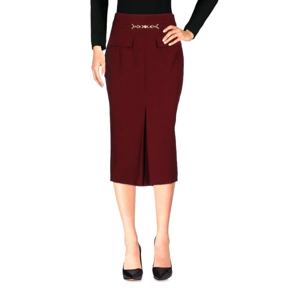 Sonia Fortuna Women's Maroon Below Knee Gold Chain Pencil Skirt Sz L/46